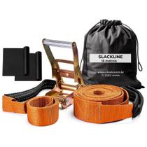Slackline Laranja 15 M Catraca + Alças + Protetores + Bolsa