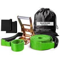 Slackline Verde 15 M Catraca + Alças + Protetores + Bolsa