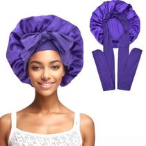 Sleep Bonnet Purple Satin com laço, protetor de cabelo ajustável Sleep Bonnet Purple Satin com laço, protetor de cabelo ajustável