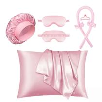 Sleep Set de cetim rosa com boné, fronha, máscara e faixa de cabelo Sleep Set de cetim rosa com boné, fronha, máscara e faixa de cabelo