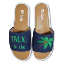 Slide Flat Rasteira Feminina Jeans Detalhes Bordados