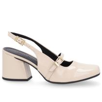 Slingback Bege Salto Bloco Couro Detalhe Tira