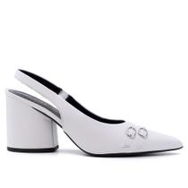 Slingback Branco Salto Alto Couro Detalhe Fivelas