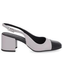 Slingback Cinza Preto Salto Bloco Couro