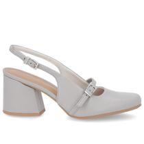 Slingback Cinza Salto Bloco Couro Detalhe Tira