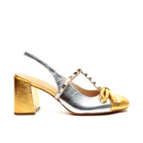 Slingback Couro Ouro Salto Bloco Médio Cecconello 2517001-4