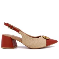 Slingback Marrom Salto Bloco Tecido Texturizado Enfeite