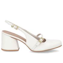 Slingback Off-White Salto Bloco Couro Detalhe Tira