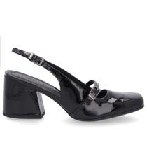 Slingback Preto Salto Bloco Couro Detalhe Tira