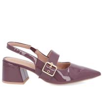 Slingback Roxo Salto Bloco Verniz Detalhe Fivela