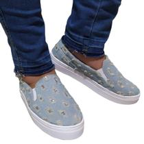 Slip On Tênis Feminino Casual Sapatenis Jeans Rasgado Glitter Confortável