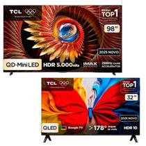 Smart TV 4K TCL Premium QD-Mini LED 98” + Smart TV TCL QLED Full HD 32" com Google TV e Wi-Fi Smart TV 4K TCL Premium QD-Mini LED 98” + Smart TV TCL QLED Full HD 32" com Google TV e Wi-Fi