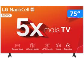 Smart TV 75" 4K NanoCell LG 75NANO80TSA WebOS 24 Processador α5 Ger7 Wi-Fi Bluetooth com Alexa 3 HDMI 2 USB