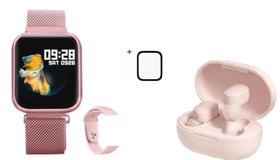 Smart watch Inteligente P70 rosa mais fone de ouvido bluetooth mais 2 pulseiras e Pelicula