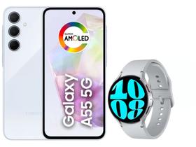 Smartphone Samsung Galaxy A55 128GB Azul Claro - 5G + Smartwatch Samsung Watch6 LTE 44mm Prata