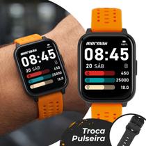 Smartwatch Preto e Laranja Troca a Pulseira com Caixa de Polímero e Pulseira de Silicone com Resistência à Água Tabua de Maré Surf Esportivo Mormaii