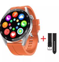 Smartwatch Redondo Relógio Hw28 Digital Analógico Laranja + Pulseira Couro Preta