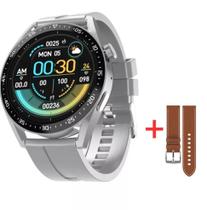 Smartwatch Redondo Relógio Hw28 Digital Analógico Prata + Pulseira Couro Marrom