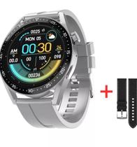 Smartwatch Redondo Relógio Hw28 Digital Analógico Prata + Pulseira Couro Preta