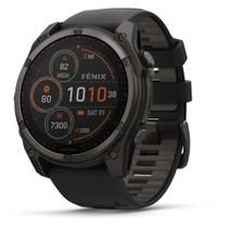 Smartwatch Relógio Garmin Fenix 8X Safira Solar Carbon Gray DLC Titânio com Pulseira de Silicone Preta com Cinza 51mm