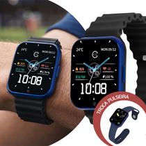 Smartwatch Relógio Inteligente Digital de Pulso Masculino Kit com 2 Pulseiras de Silicone na Cores Preto e Azul Champion