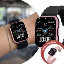 Smartwatch Relógio Inteligente Digital Feminino de Pulso Kit com 2 Pulseiras de Silicone nas Cores Preto e Rosa Champion