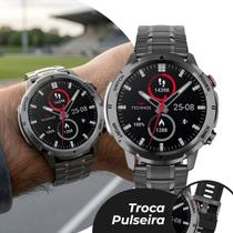 Smartwatch Relógio Inteligente Preto Masculino com Caixa de Aço Inoxidável 2 Pulseiras de Silicone e Aço Inoxidável à Prova D Água Technos