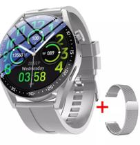 Smartwatch Relógio Lançamento Hw28 Redondo Original Novidade Prata + Pulseira Milanese Prata