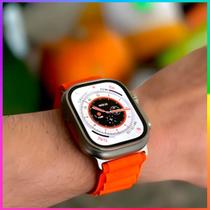 Smartwatch Relógio Masculino Feminino 8 Ultra Series Full Caixa Dourado Pulseira Laranja Bisel Prateado Desenho da pulse