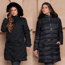 Sobretudo Alongado Puffer Dupla Face com Capuz Peluciado COR:PRETO-PRETOTAMANHO:M