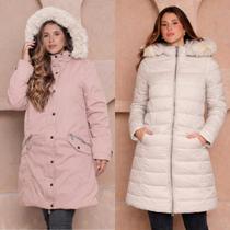 Sobretudo Alongado Puffer Dupla Face com Capuz Peluciado COR:ROSA-AREIATAMANHO:M