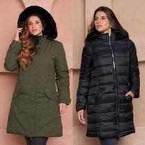 Sobretudo Alongado Puffer Dupla Face com Capuz Peluciado COR:VERDE MILITAR-PRETOTAMANHO:M