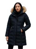 Sobretudo Forrada Com Capuz Peluciado Feminina Tamanho:PPCor:Preto