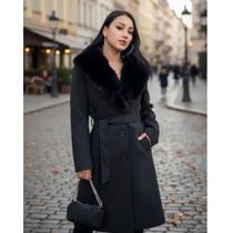 Sobretudo Longo Preto - Gola Removível -casual - Confortável