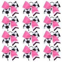 Soccer Cheer Bows Aileam de 8 polegadas para meninas, 12 unidades branco e rosa