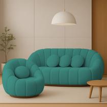 Sofá 2 Lugares com Poltrona Giratória Orgânica Cloud Bouclê Azul Turquesa E03 - D'Rossi