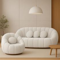 Sofá 2 Lugares com Poltrona Giratória Orgânica Cloud Bouclê Bege E03 - D'Rossi