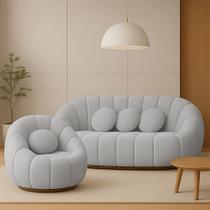 Sofá 2 Lugares com Poltrona Giratória Orgânica Cloud Bouclê Cinza Claro E03 - D'Rossi