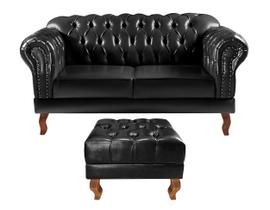 Sofá 2 Lugares com Puff Decoração Sara Recepção Dom Pedro Chesterfield Preto