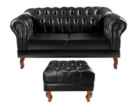 Sofá 2 Lugares com Puff Decoração Sara Recepção Dom Pedro Chesterfield Preto