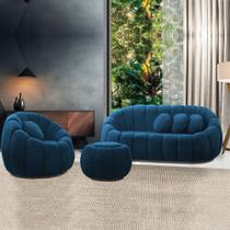 Sofá 2 Lugares com Puff e Poltrona Giratória Orgânica Cloud Bouclê Azul Marinho E03 - D'Rossi