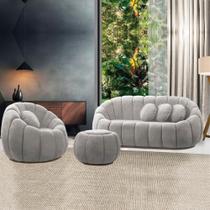 Sofá 2 Lugares com Puff e Poltrona Giratória Orgânica Cloud Bouclê Cinza Claro E03 - D'Rossi