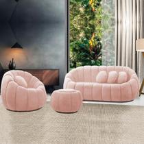Sofá 2 Lugares com Puff e Poltrona Giratória Orgânica Cloud Bouclê Rosê E03 - D'Rossi Sofá 2 Lugares com Puff e Poltrona Giratória Orgânica Cloud Bouclê Rosê E03 - D'Rossi