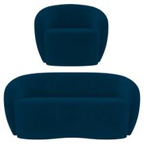 Sofá 2 Lugares Living 160cm e 1 Poltrona Giratória Garbin K04 Veludo Azul Marinho - Mpozenato