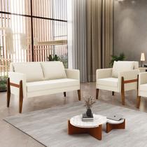 Sofá 2 Lugares Namoradeira e Poltrona Lana Veludo Bege Base de Madeira D03 - D'Rossi