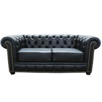 Sofá 2 Lugares Sala de Estar Chesterfield com Pés Madeira Couro Preto - Gran Belo