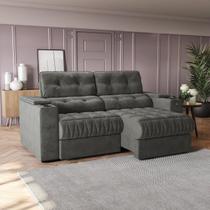 Sofá 230cm com Porta Copos Retrátil e Reclinável Premier Cinza Veludo Chumbo