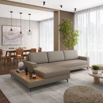 Sofá 3 Lugares 2,92m com Chaise Esquerdo e Mesa Apoio Lateral Living Fixo em Linho Loft