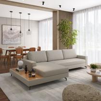 Sofá 3 Lugares 2,92m com Chaise Esquerdo e Mesa Apoio Lateral Living Fixo em Linho Loft