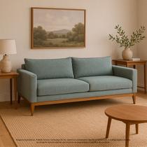 Sofá 3 Lugares 2m Pés Fixo Living Bouclê Madeira Maciça Almofadas Soltas Design Elegante Sala de Estar Comercial Retrô Escritório Classic